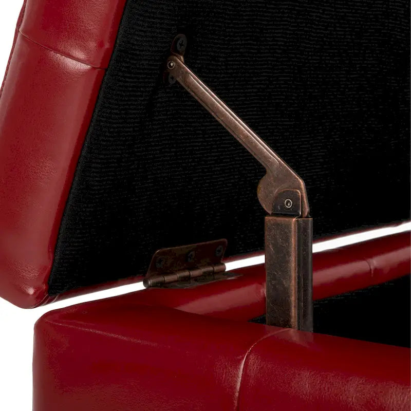 Red Tufted Bicast Leather Storage Bench with Black Wood Legs