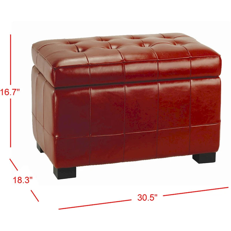 Red Tufted Bicast Leather Storage Bench with Black Wood Legs