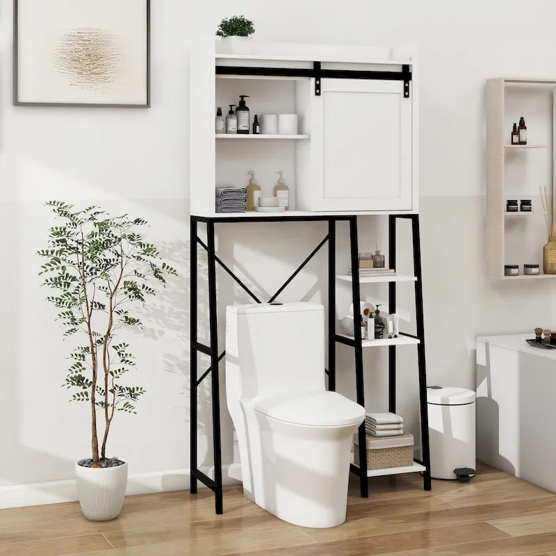 White and Black Over-Toilet Bathroom Storage Cabinet with Sliding Barn Door