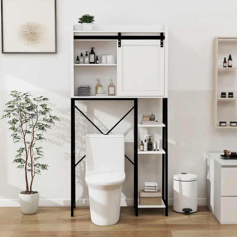 White and Black Over-Toilet Bathroom Storage Cabinet with Sliding Barn Door