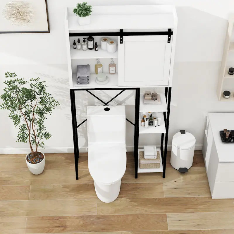 White and Black Over-Toilet Bathroom Storage Cabinet with Sliding Barn Door