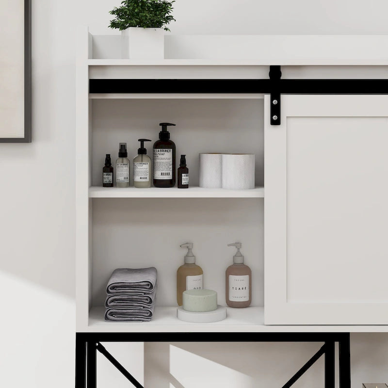 White and Black Over-Toilet Bathroom Storage Cabinet with Sliding Barn Door