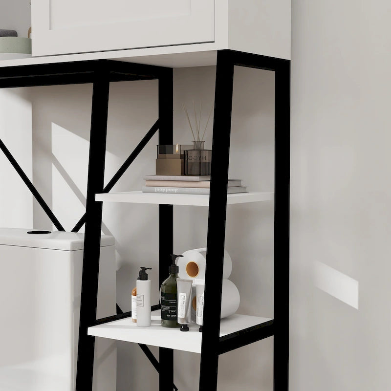 White and Black Over-Toilet Bathroom Storage Cabinet with Sliding Barn Door