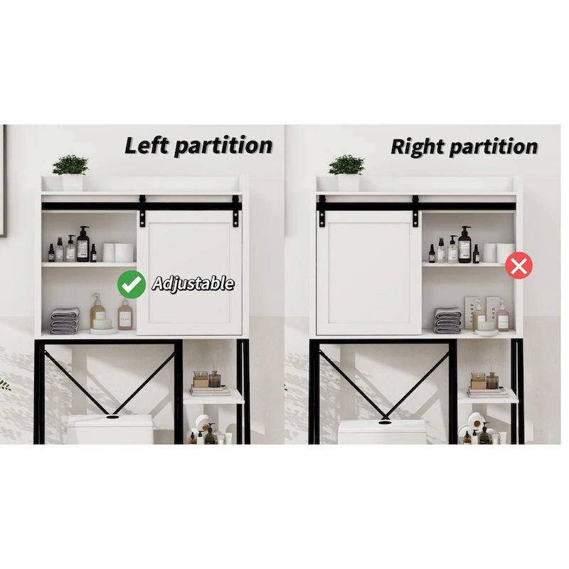 White and Black Over-Toilet Bathroom Storage Cabinet with Sliding Barn Door