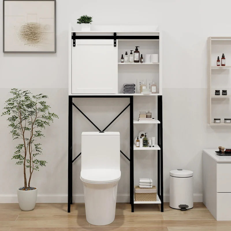 White and Black Over-Toilet Bathroom Storage Cabinet with Sliding Barn Door