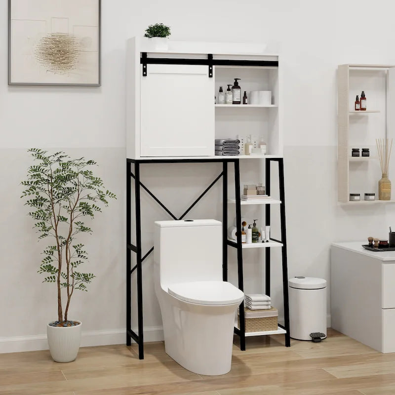 White and Black Over-Toilet Bathroom Storage Cabinet with Sliding Barn Door