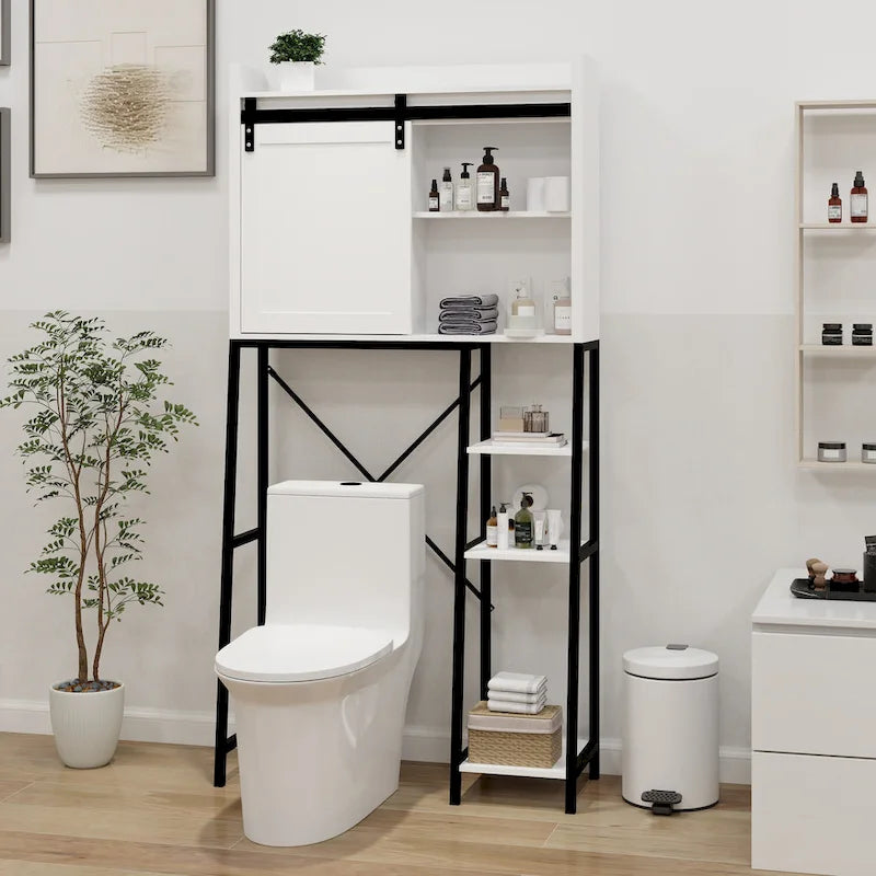 White and Black Over-Toilet Bathroom Storage Cabinet with Sliding Barn Door