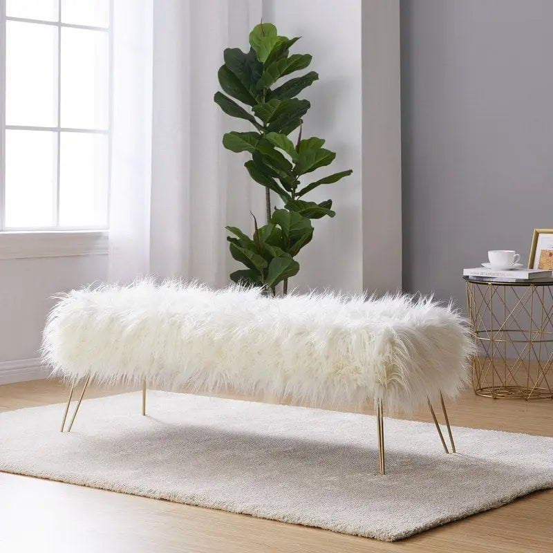 Faux Fur Long Bench Ottoman with Gold Metal Legs White Grey Blush Black