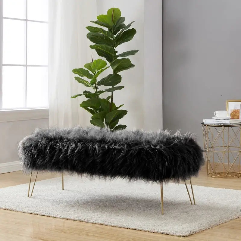 Faux Fur Long Bench Ottoman with Gold Metal Legs White Grey Blush Black
