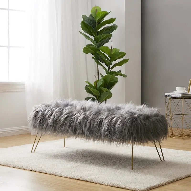 Faux Fur Long Bench Ottoman with Gold Metal Legs White Grey Blush Black