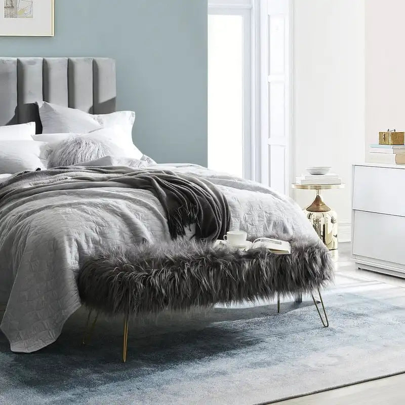 Faux Fur Long Bench Ottoman with Gold Metal Legs White Grey Blush Black