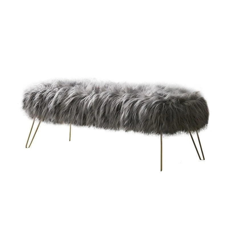 Faux Fur Long Bench Ottoman with Gold Metal Legs White Grey Blush Black