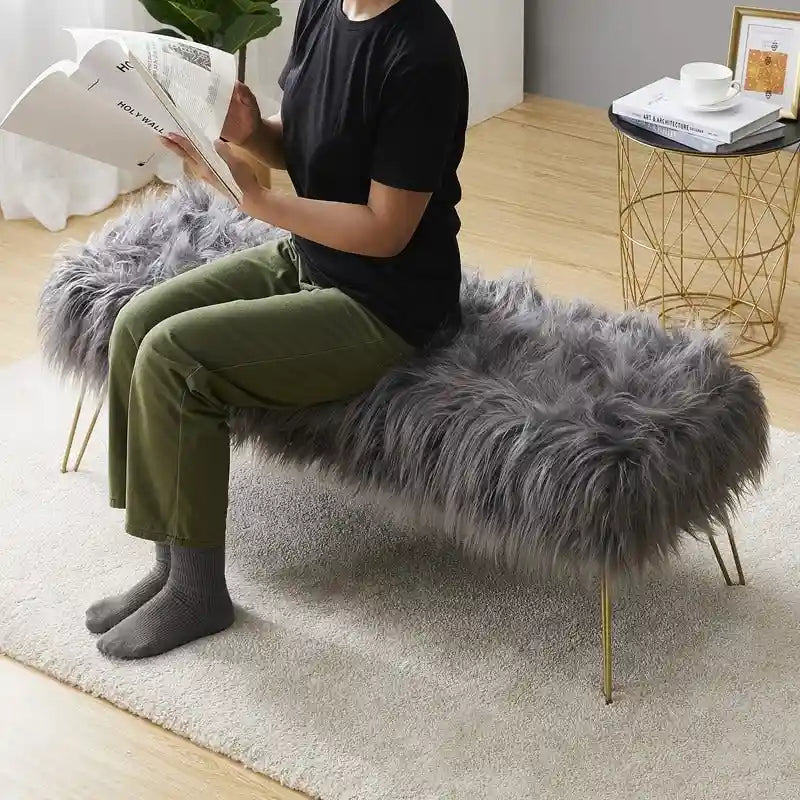 Faux Fur Long Bench Ottoman with Gold Metal Legs White Grey Blush Black