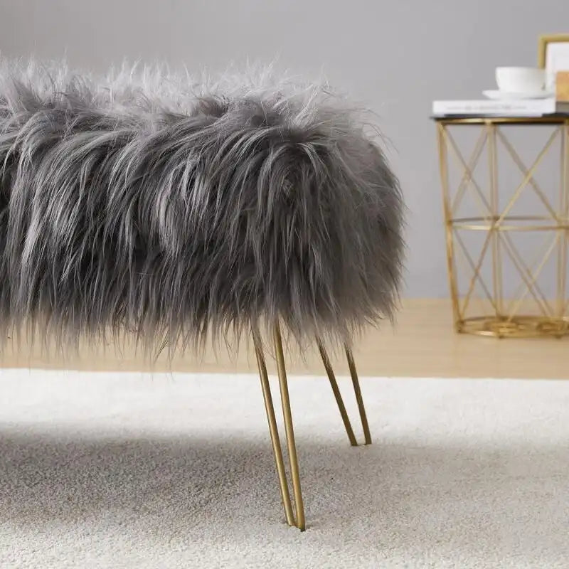 Faux Fur Long Bench Ottoman with Gold Metal Legs White Grey Blush Black
