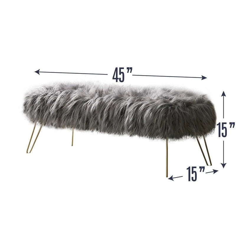 Faux Fur Long Bench Ottoman with Gold Metal Legs White Grey Blush Black