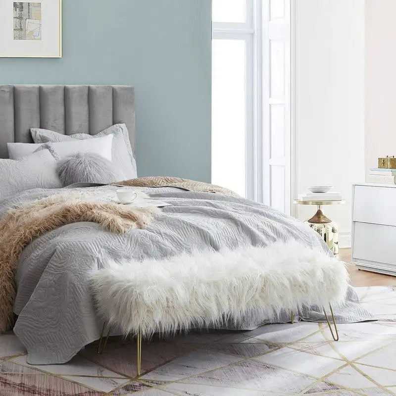 Faux Fur Long Bench Ottoman with Gold Metal Legs White Grey Blush Black