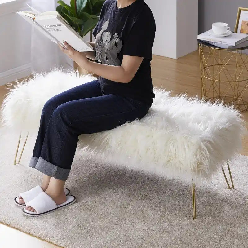 Faux Fur Long Bench Ottoman with Gold Metal Legs White Grey Blush Black