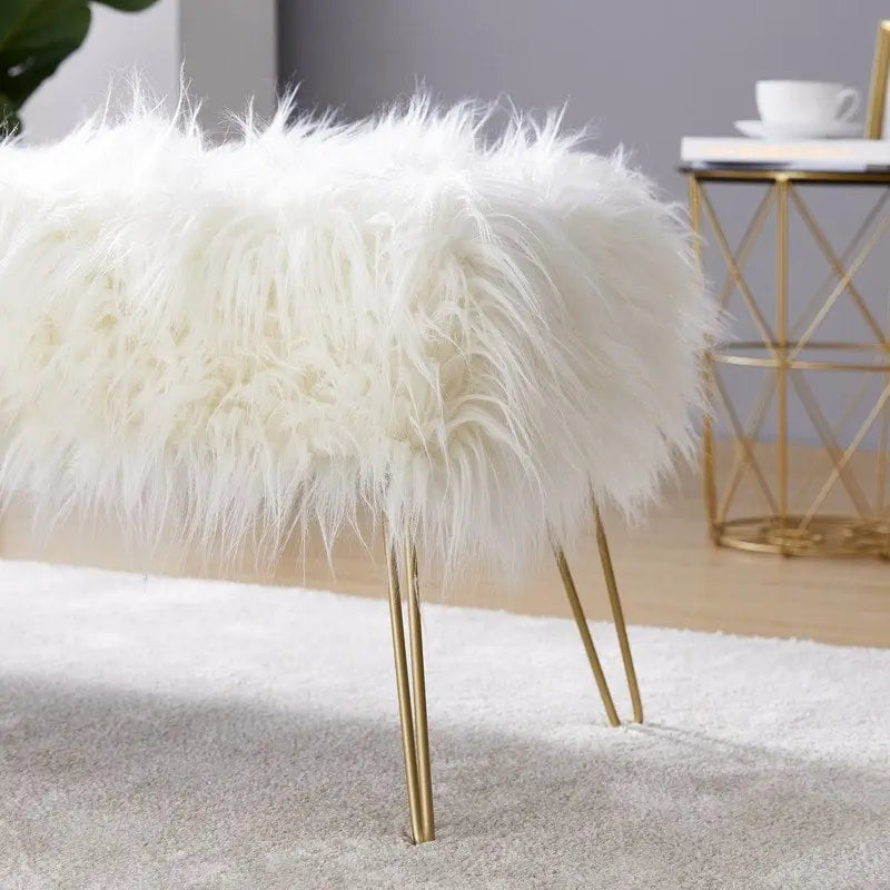 Faux Fur Long Bench Ottoman with Gold Metal Legs White Grey Blush Black