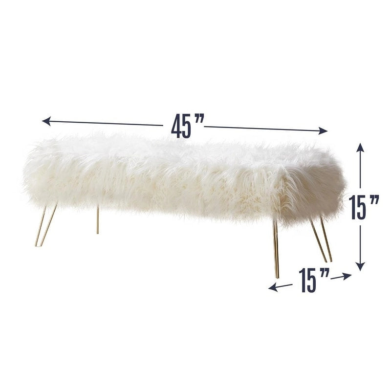 Faux Fur Long Bench Ottoman with Gold Metal Legs White Grey Blush Black