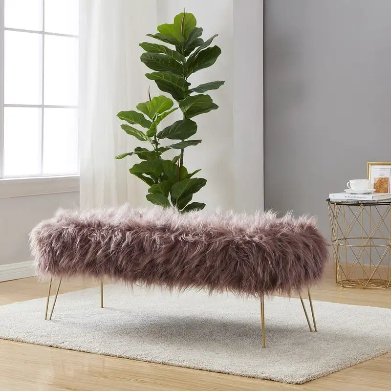 Faux Fur Long Bench Ottoman with Gold Metal Legs White Grey Blush Black