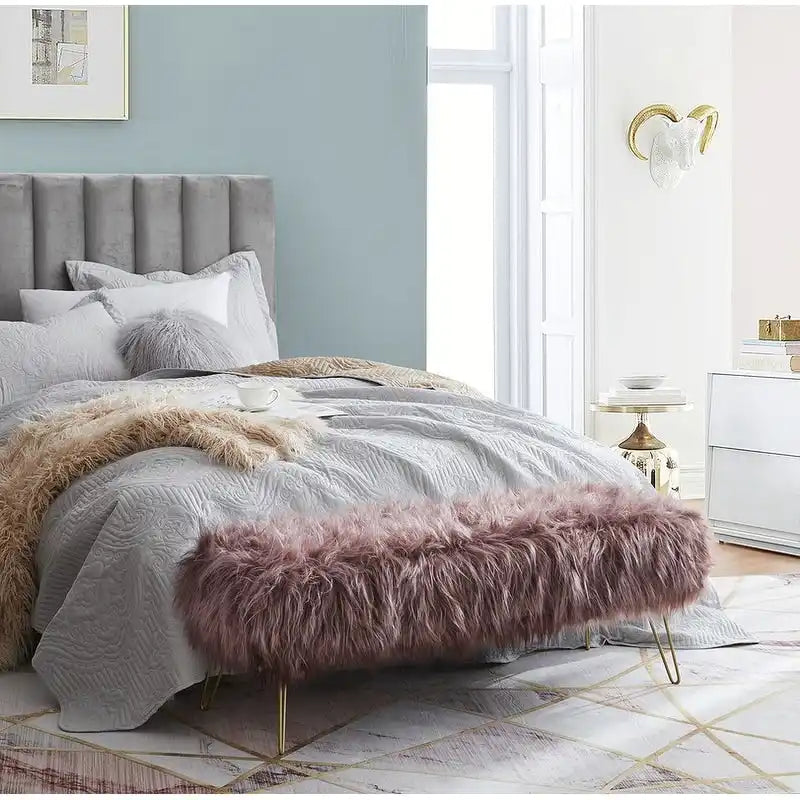Faux Fur Long Bench Ottoman with Gold Metal Legs White Grey Blush Black