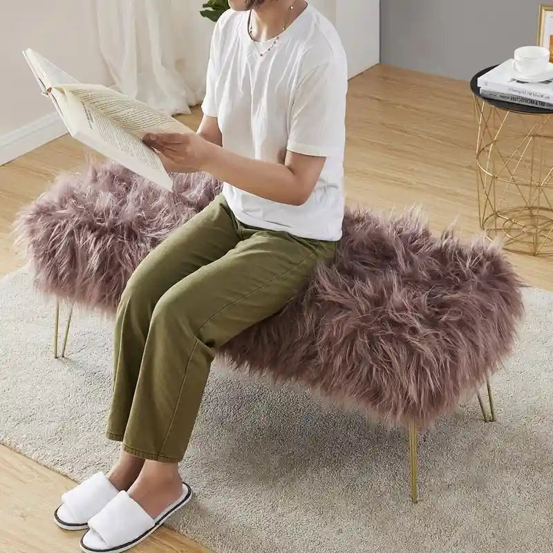 Faux Fur Long Bench Ottoman with Gold Metal Legs White Grey Blush Black
