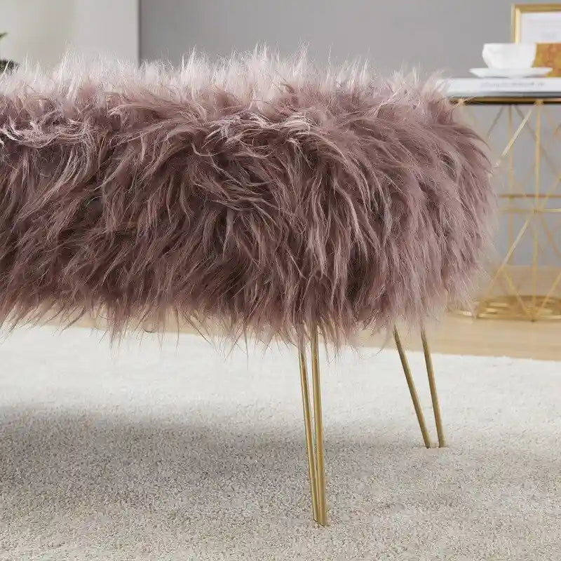 Faux Fur Long Bench Ottoman with Gold Metal Legs White Grey Blush Black
