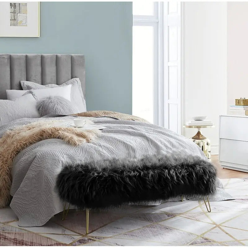 Faux Fur Long Bench Ottoman with Gold Metal Legs White Grey Blush Black