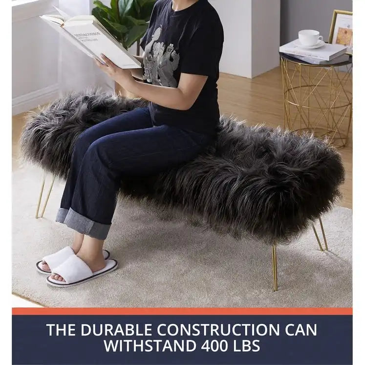 Faux Fur Long Bench Ottoman with Gold Metal Legs White Grey Blush Black