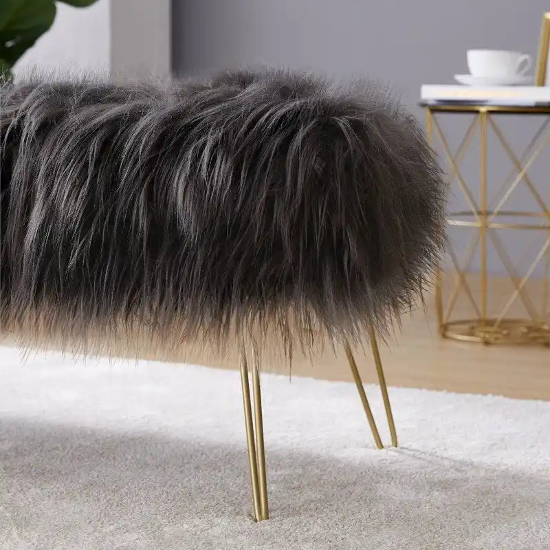Faux Fur Long Bench Ottoman with Gold Metal Legs White Grey Blush Black