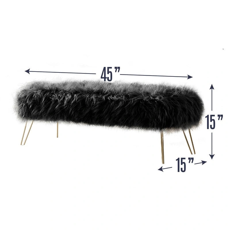 Faux Fur Long Bench Ottoman with Gold Metal Legs White Grey Blush Black