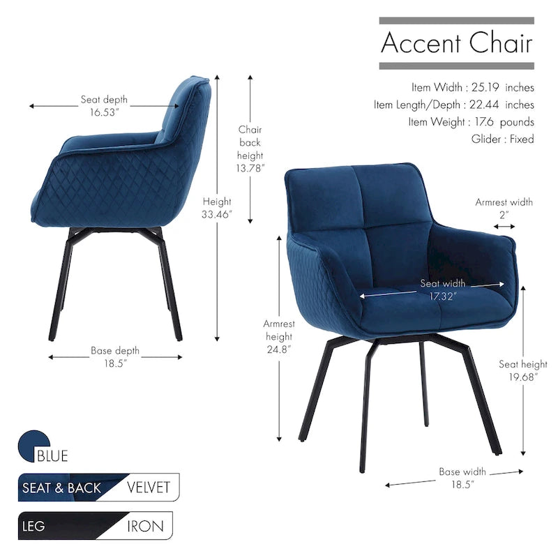 Swivel Velvet Accent Chair with Armrests and Metal Legs, Blue