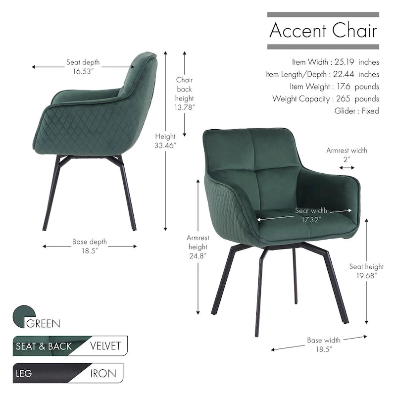Swivel Velvet Accent Chair with Armrests and Metal Legs, Blue
