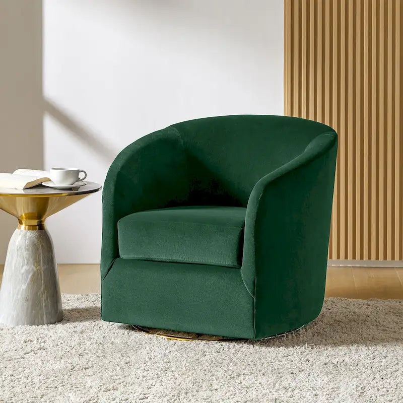 Sage Velvet Curved Swivel Barrel Accent Chair with Gold Metal Base