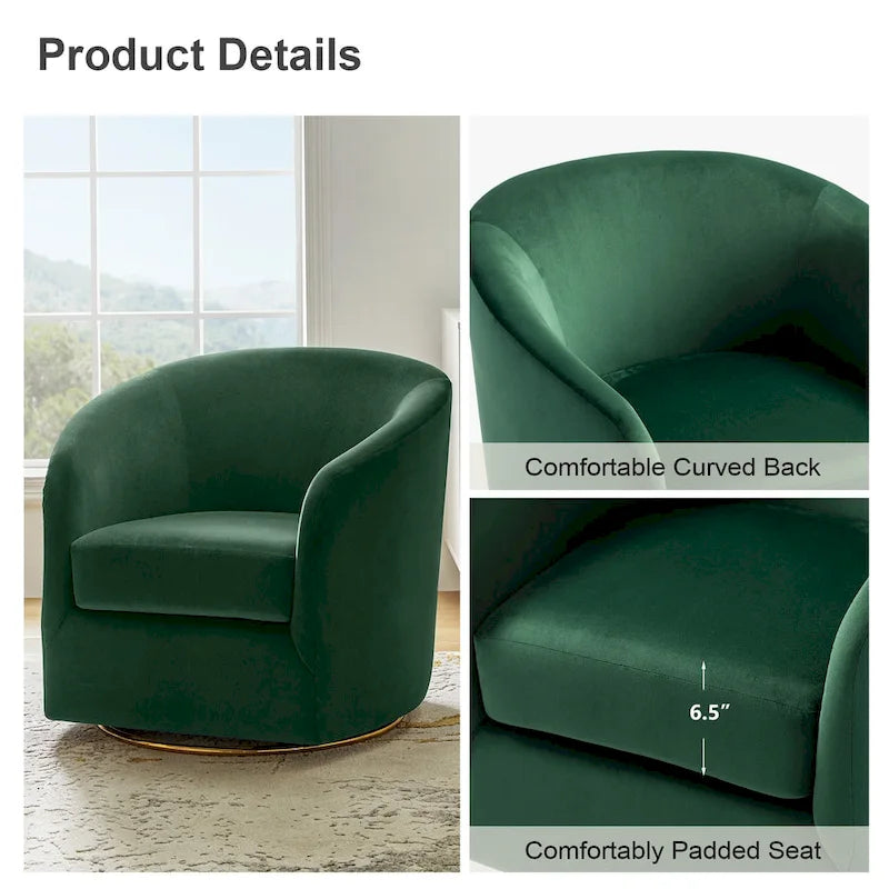 Sage Velvet Curved Swivel Barrel Accent Chair with Gold Metal Base