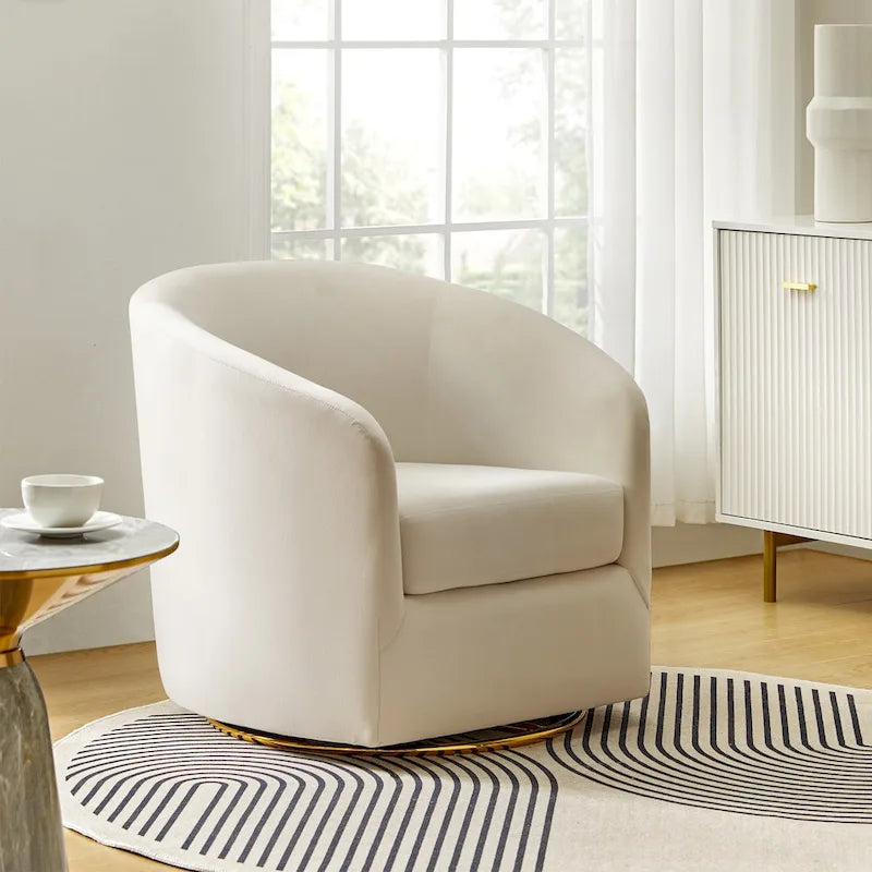 Sage Velvet Curved Swivel Barrel Accent Chair with Gold Metal Base
