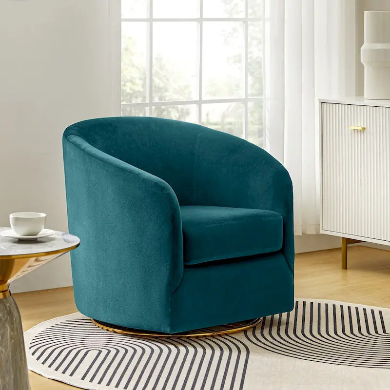 Sage Velvet Curved Swivel Barrel Accent Chair with Gold Metal Base