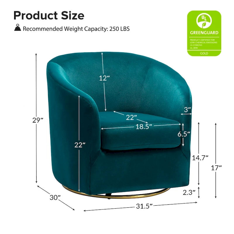 Sage Velvet Curved Swivel Barrel Accent Chair with Gold Metal Base