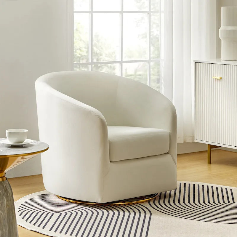 Sage Velvet Curved Swivel Barrel Accent Chair with Gold Metal Base