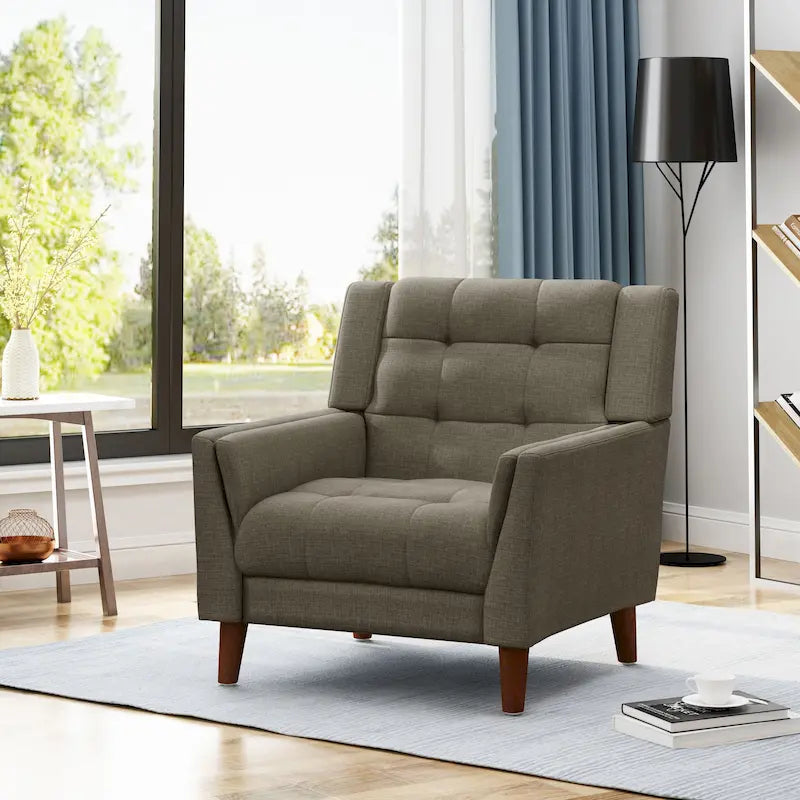Mid-Century Modern Tufted Fabric Club Chair with Walnut Wood Legs