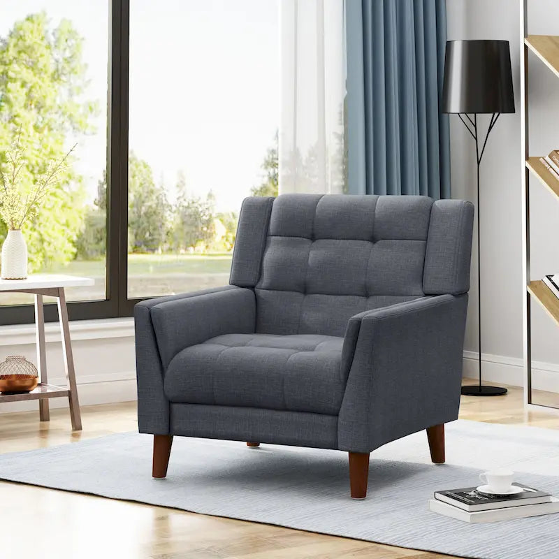 Mid-Century Modern Tufted Fabric Club Chair with Walnut Wood Legs