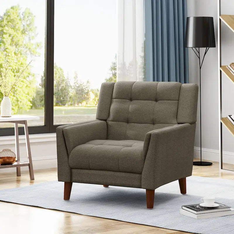 Mid-Century Modern Tufted Fabric Club Chair with Walnut Wood Legs