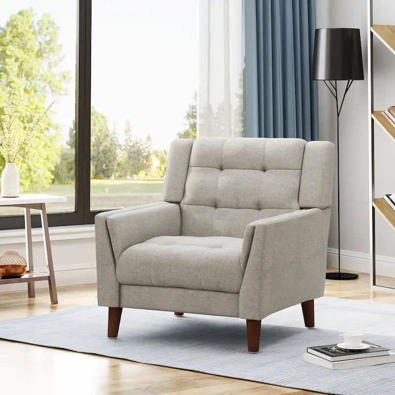 Mid-Century Modern Tufted Fabric Club Chair with Walnut Wood Legs