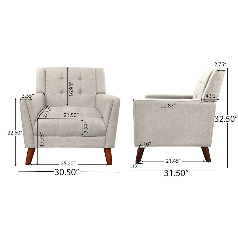 Mid-Century Modern Tufted Fabric Club Chair with Walnut Wood Legs