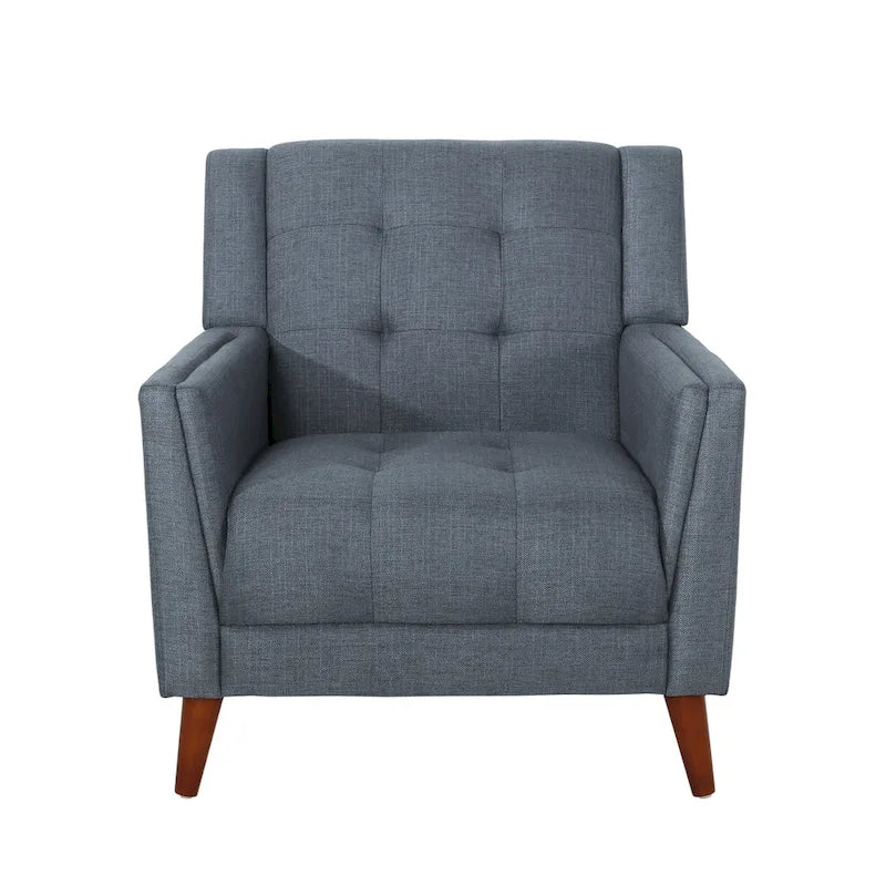 Mid-Century Modern Tufted Fabric Club Chair with Walnut Wood Legs