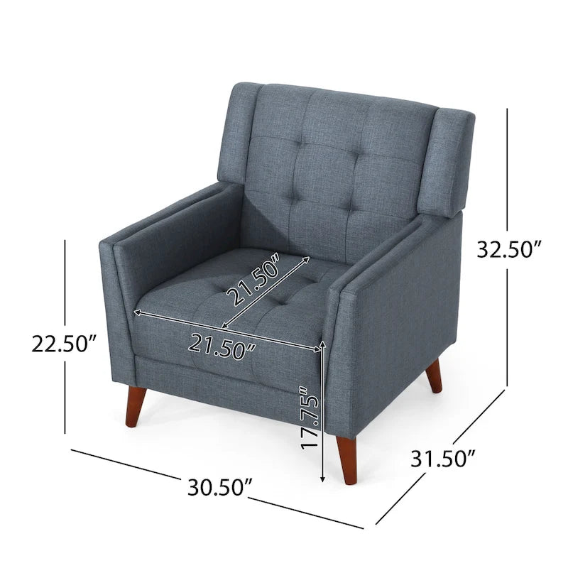Mid-Century Modern Tufted Fabric Club Chair with Walnut Wood Legs