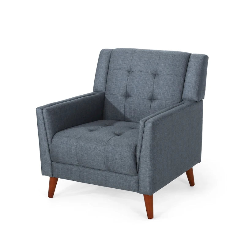 Mid-Century Modern Tufted Fabric Club Chair with Walnut Wood Legs