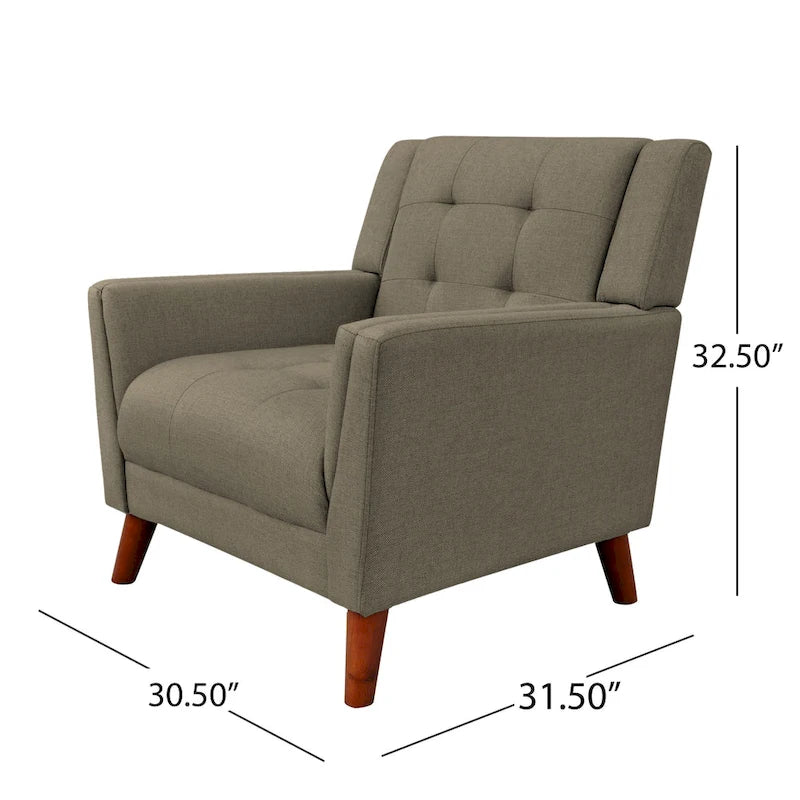 Mid-Century Modern Tufted Fabric Club Chair with Walnut Wood Legs