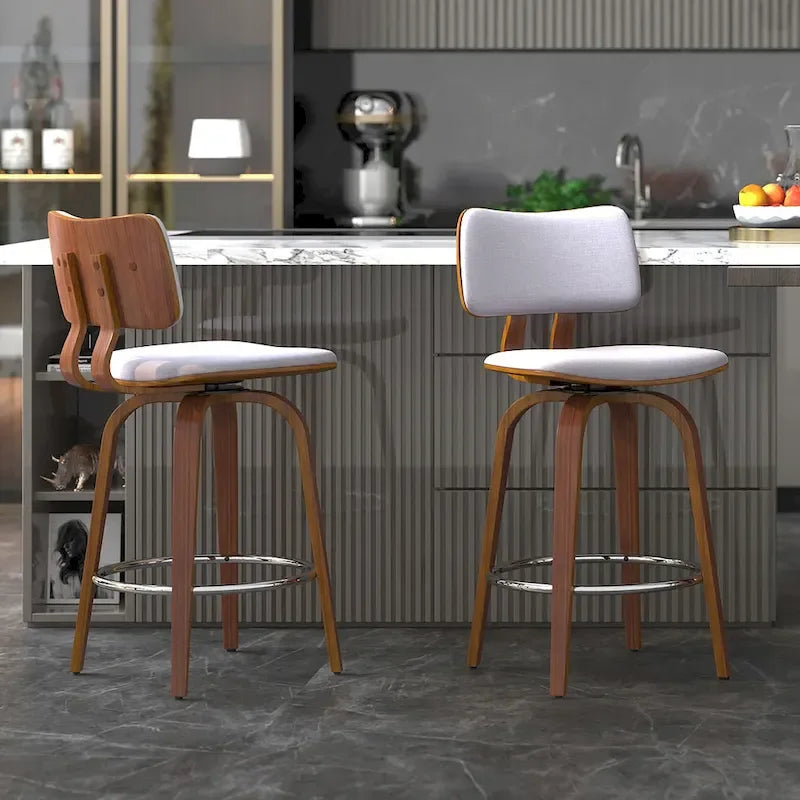 Swivel Counter Stool Fabric Upholstered Walnut Wood Frame Mid-Century Modern