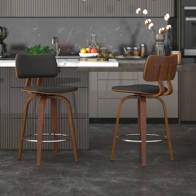 Swivel Counter Stool Fabric Upholstered Walnut Wood Frame Mid-Century Modern